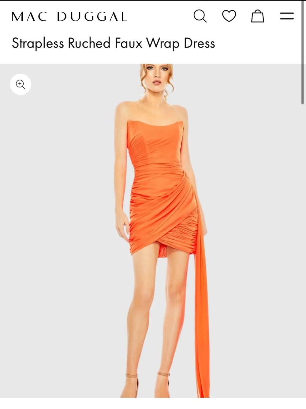 Mac Duggal Orange Strapless Ruched Faux Wrap Mini Dress